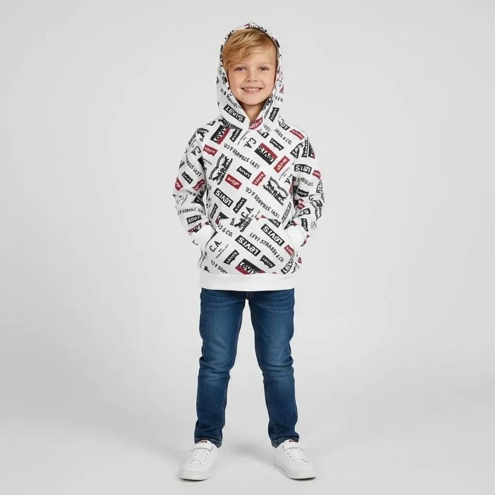 Levi's Toddler Boys White/Multi Fleece Graphic Logo Pullover Hoodie ​Size 4T